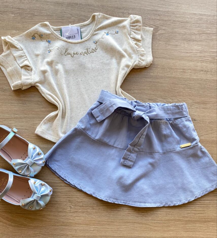 Conjunto Infantil Feminino Cropped Love Nature Short Saia Azul Fernanda Ramos Store