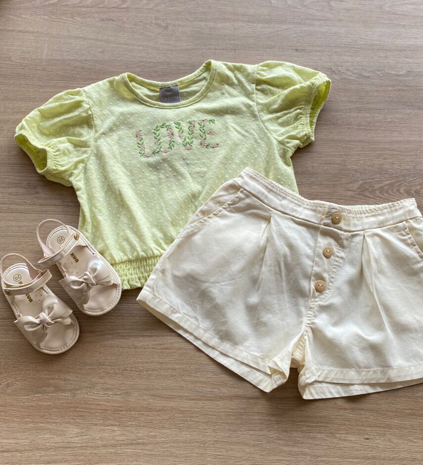 Conjunto Infantil Feminino Cropped Love Verde e Short Off White Fernanda Ramos Kids