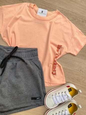 fernandaramoskids com br Conjunto Infantil Feminino Cropped You're Faney Salmão e Short Cinza 1