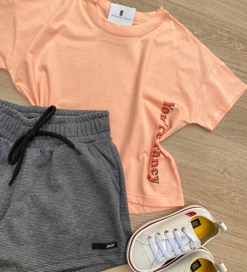 fernandaramoskids com br Conjunto Infantil Feminino Cropped You're Faney Salmão e Short Cinza 1