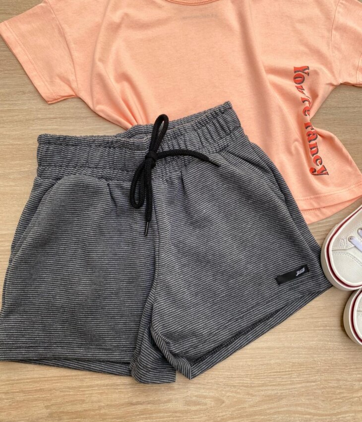 fernandaramoskids com br Conjunto Infantil Feminino Cropped You're Faney Salmão e Short Cinza 2