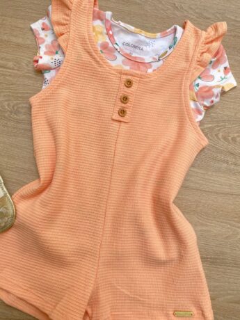 fernandaramoskids com br Conjunto Infantil Feminino Macaquinho Salmão e Blusa Manga Curta 1