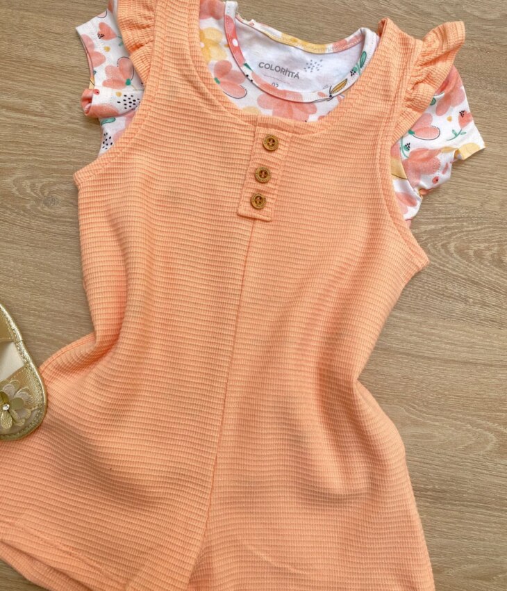 fernandaramoskids com br Conjunto Infantil Feminino Macaquinho Salmão e Blusa Manga Curta 1