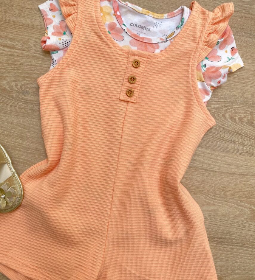 fernandaramoskids com br Conjunto Infantil Feminino Macaquinho Salmão e Blusa Manga Curta 1