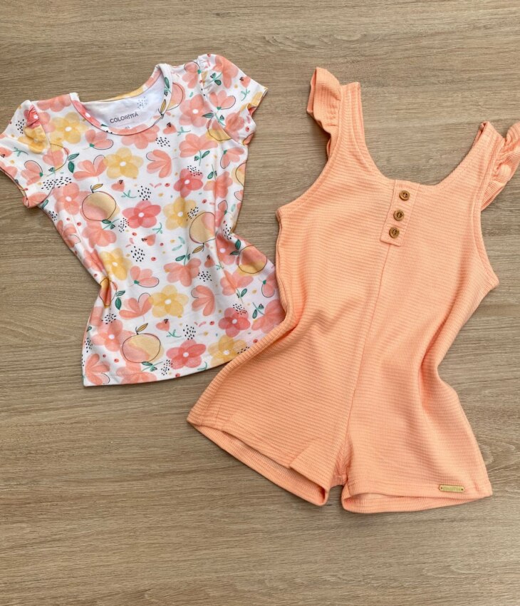 fernandaramoskids com br Conjunto Infantil Feminino Macaquinho Salmão e Blusa Manga Curta 3