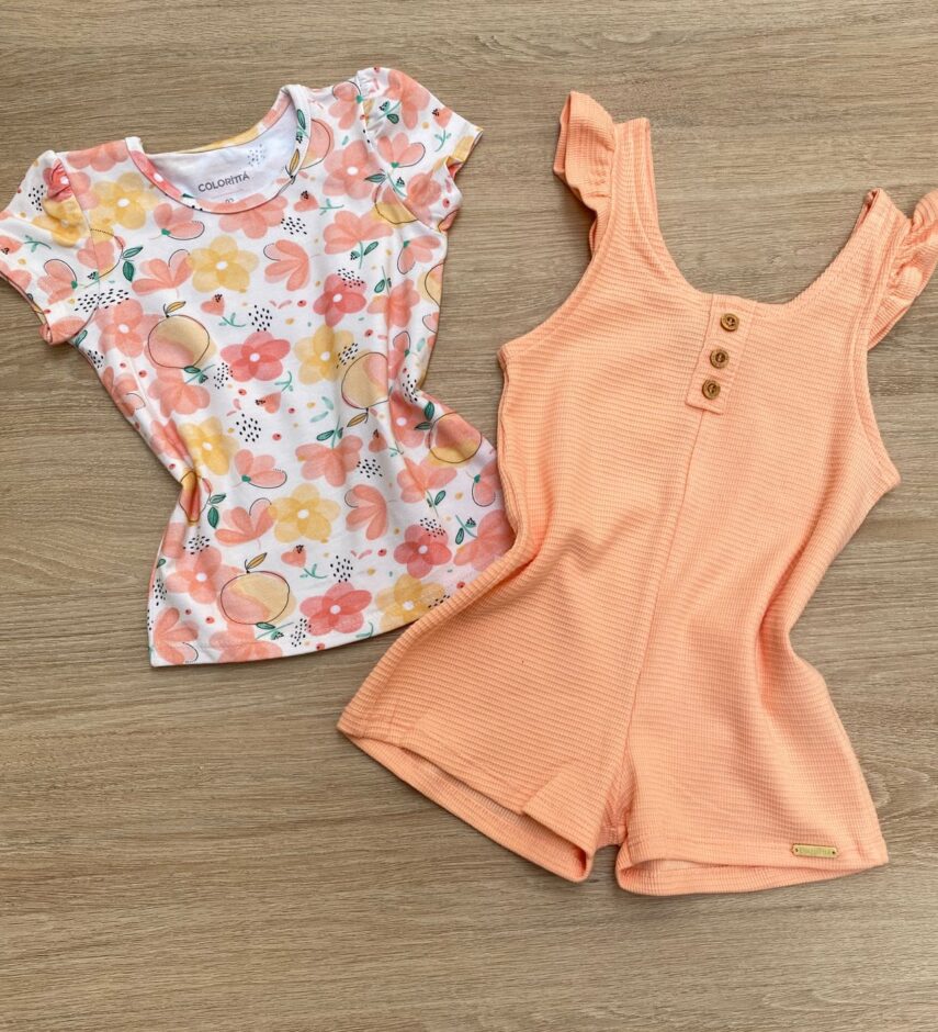 fernandaramoskids com br Conjunto Infantil Feminino Macaquinho Salmão e Blusa Manga Curta 3