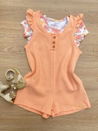 Conjunto Infantil Feminino Macaquinho Salmão e Blusa Manga Curta Fernanda Ramos Kids