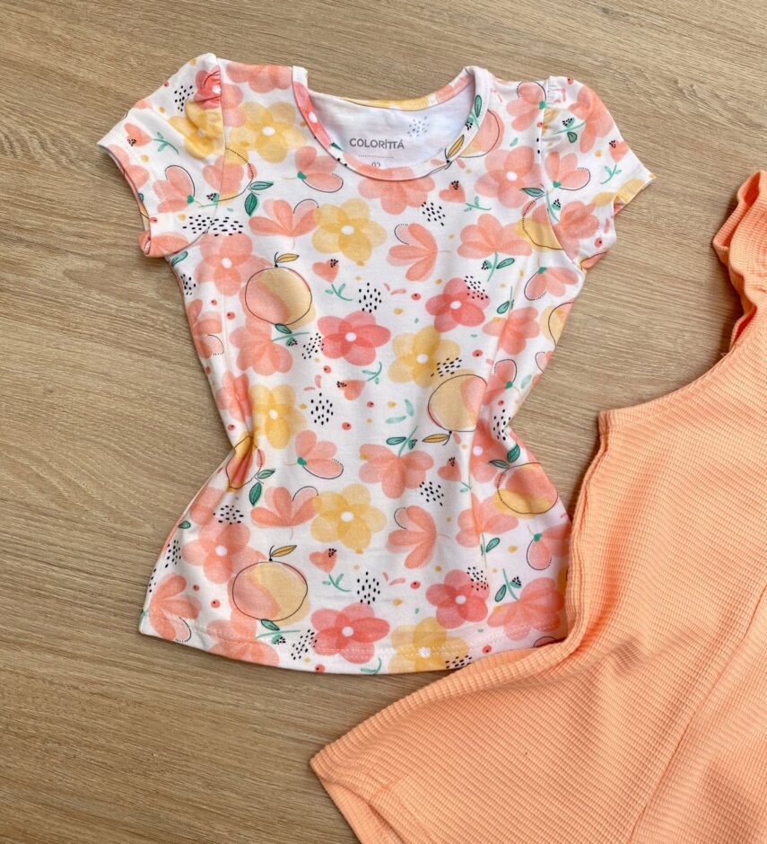 fernandaramoskids com br Conjunto Infantil Feminino Macaquinho Salmão e Blusa Manga Curta 4