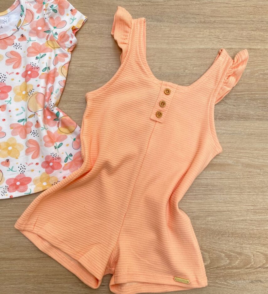 fernandaramoskids com br Conjunto Infantil Feminino Macaquinho Salmão e Blusa Manga Curta 5
