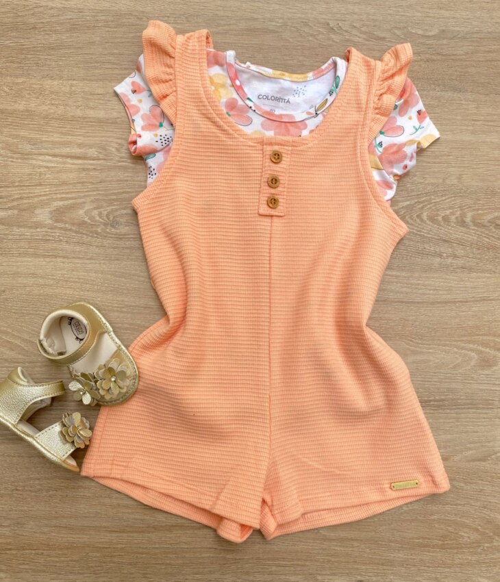 Conjunto Infantil Feminino Macaquinho Salmão e Blusa Manga Curta Fernanda Ramos Kids