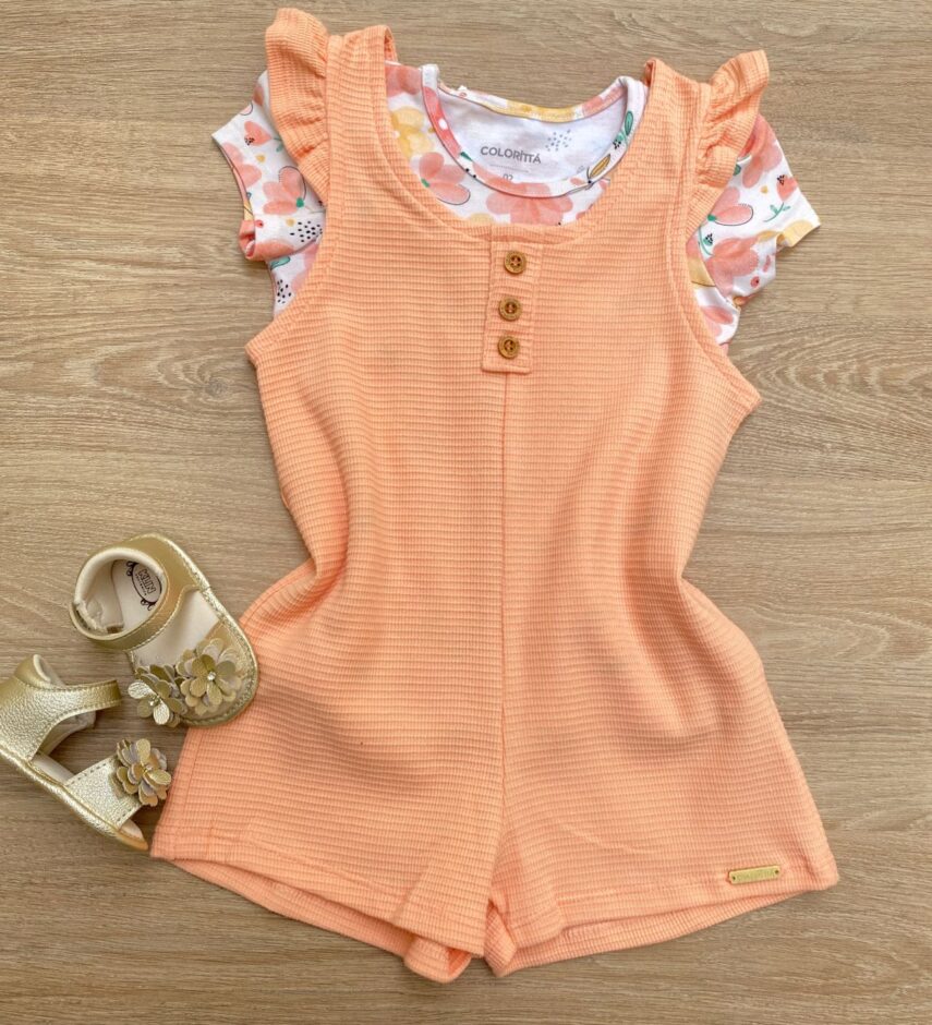 Conjunto Infantil Feminino Macaquinho Salmão e Blusa Manga Curta Fernanda Ramos Kids