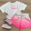 Conjunto Infantil Feminino Off White e Pink Flúor Cropped e Short Fernanda Ramos Kids