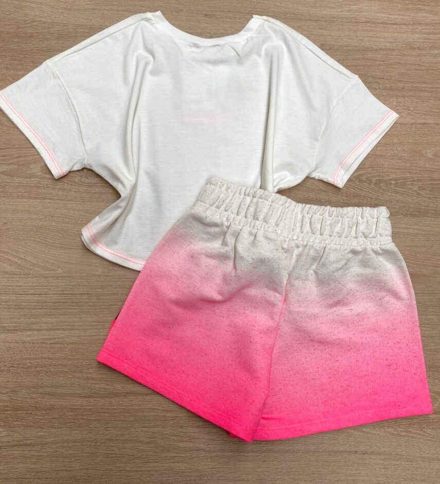 fernandaramoskids com br Conjunto Infantil Feminino Off White e Pink Flúor Cropped e Short 2