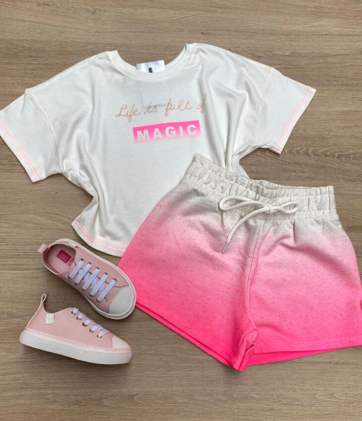 Conjunto Infantil Feminino Off White e Pink Flúor Cropped e Short Fernanda Ramos Kids