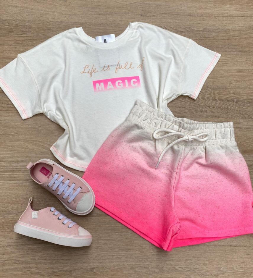 Conjunto Infantil Feminino Off White e Pink Flúor Cropped e Short Fernanda Ramos Kids