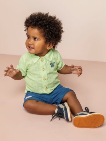 Conjunto Infantil Masculino Camisa Verde e Bermuda Azul Fernanda Ramos Kids
