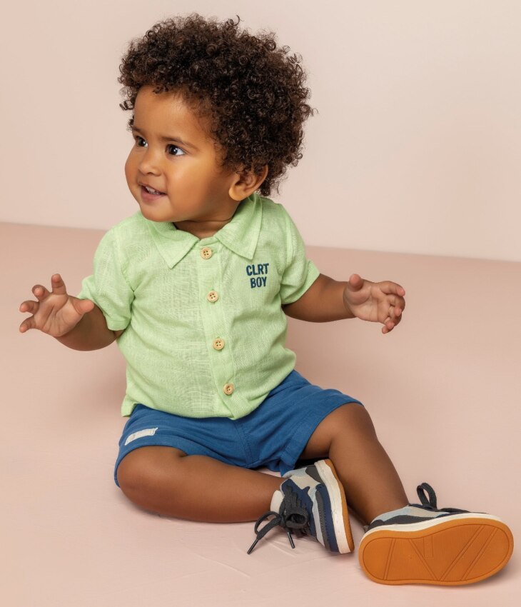Conjunto Infantil Masculino Camisa Verde e Bermuda Azul Fernanda Ramos Kids
