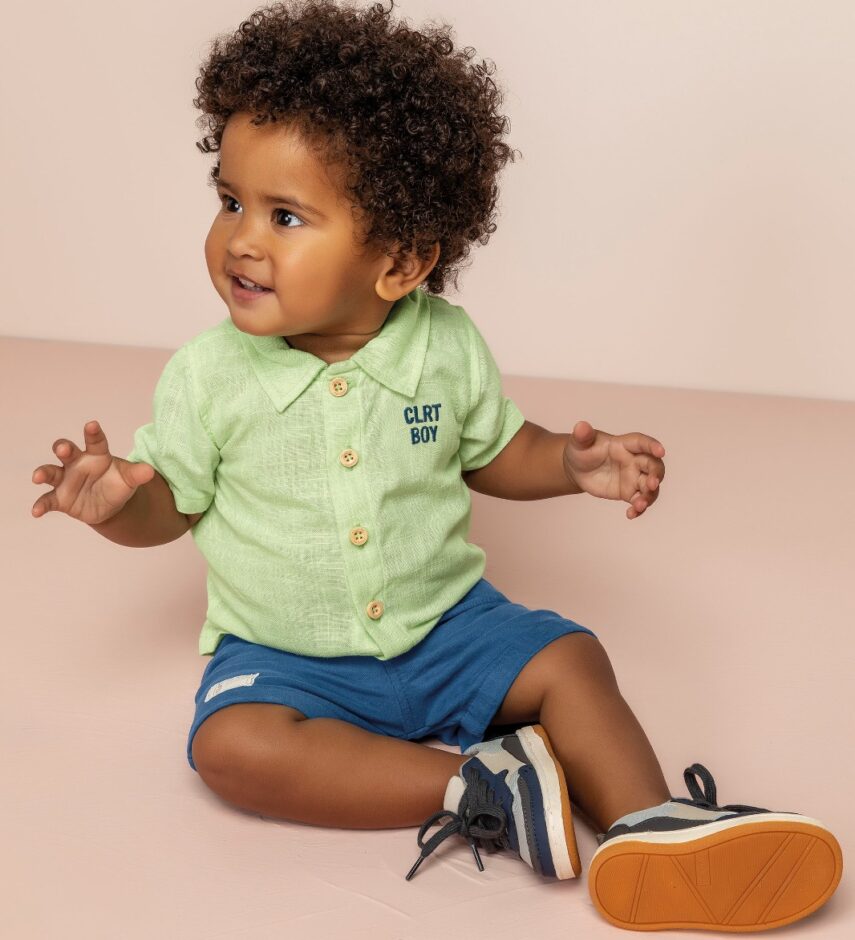 Conjunto Infantil Masculino Camisa Verde e Bermuda Azul Fernanda Ramos Kids