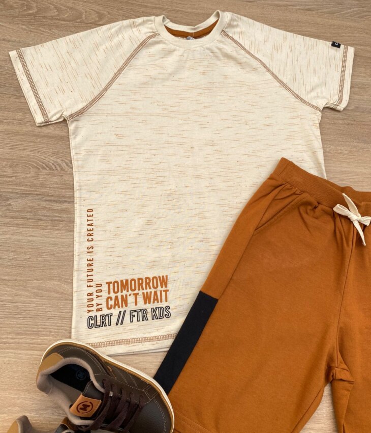 fernandaramoskids com br Conjunto Infantil Masculino Camiseta Bege Mesclada e Bermuda Caramelo 2