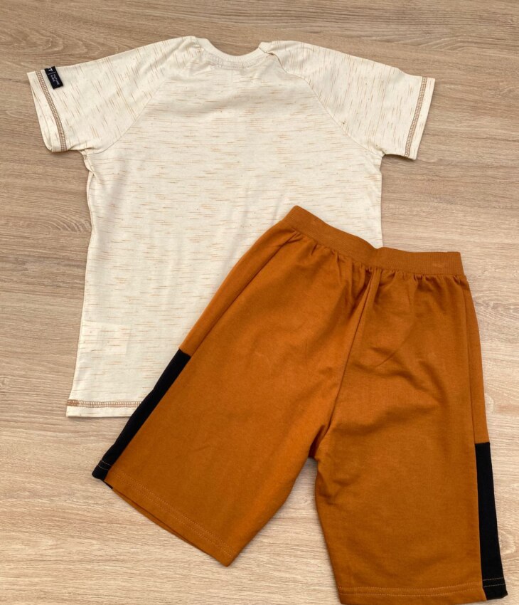 fernandaramoskids com br Conjunto Infantil Masculino Camiseta Bege Mesclada e Bermuda Caramelo 3