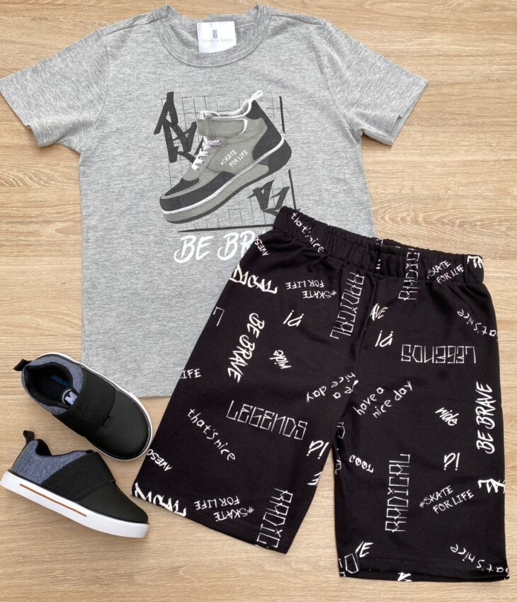 fernandaramoskids_com_br- Conjunto Infantil Masculino Camiseta Cinza e Bermuda Preta Estampada Fernanda Ramos Kids