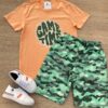 Conjunto Infantil Masculino Camiseta com Estampa Laranja e Bermuda Verde Fernanda Ramos Kids