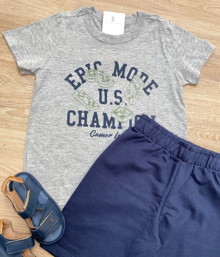 fernandaramoskids com br Conjunto Infantil Masculino Camiseta Epic Mode e Bermuda Azul 1