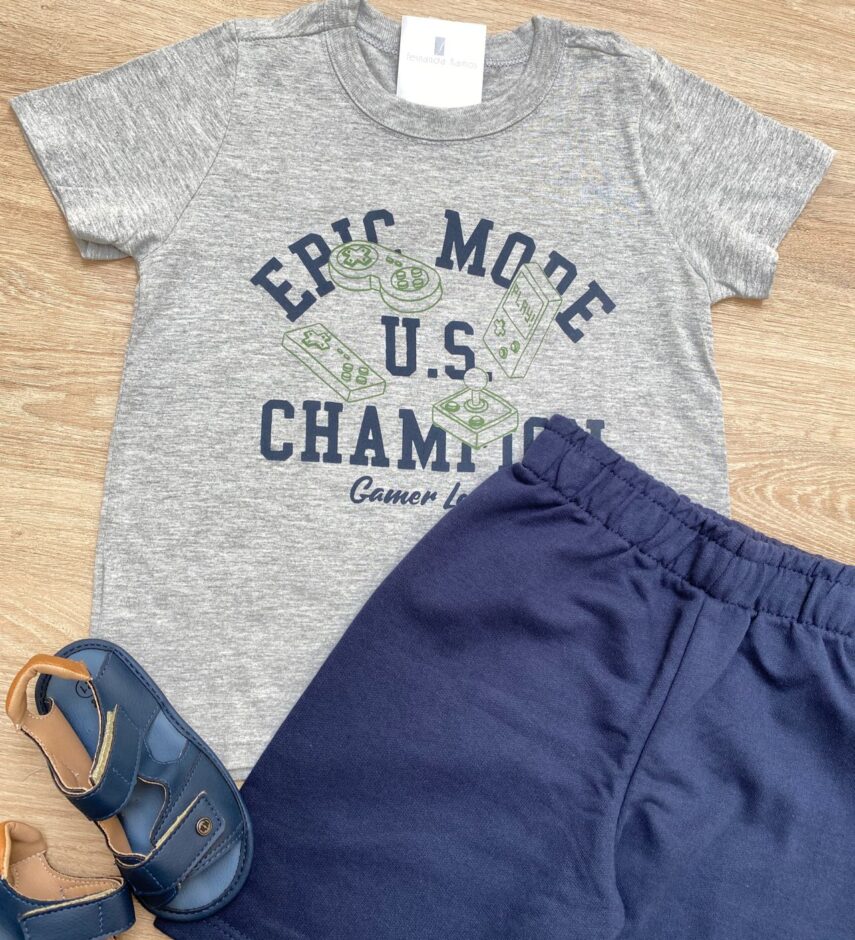 fernandaramoskids com br Conjunto Infantil Masculino Camiseta Epic Mode e Bermuda Azul 1