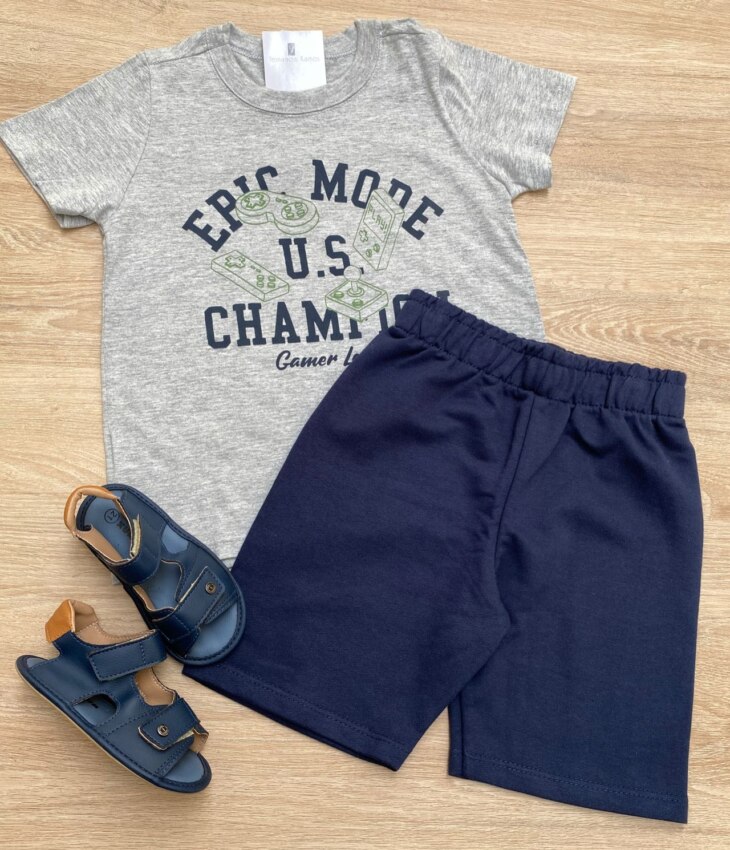 Conjunto Infantil Masculino Camiseta Epic Mode e Bermuda Azul Fernanda Ramos Kids