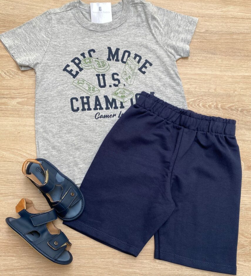 Conjunto Infantil Masculino Camiseta Epic Mode e Bermuda Azul Fernanda Ramos Kids