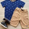Conjunto Infantil Masculino Camiseta Estampada Azul e Bermuda Caramelo Fernanda Ramos Kids
