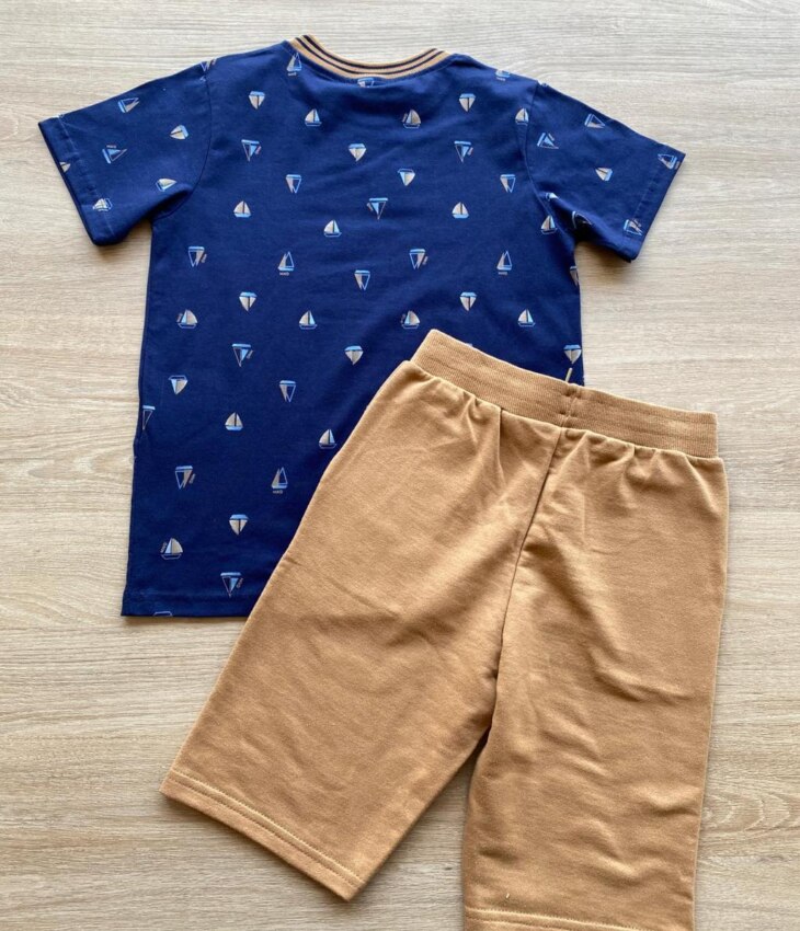 fernandaramoskids com br Conjunto Infantil Masculino Camiseta Estampada Azul e Bermuda Caramelo 3