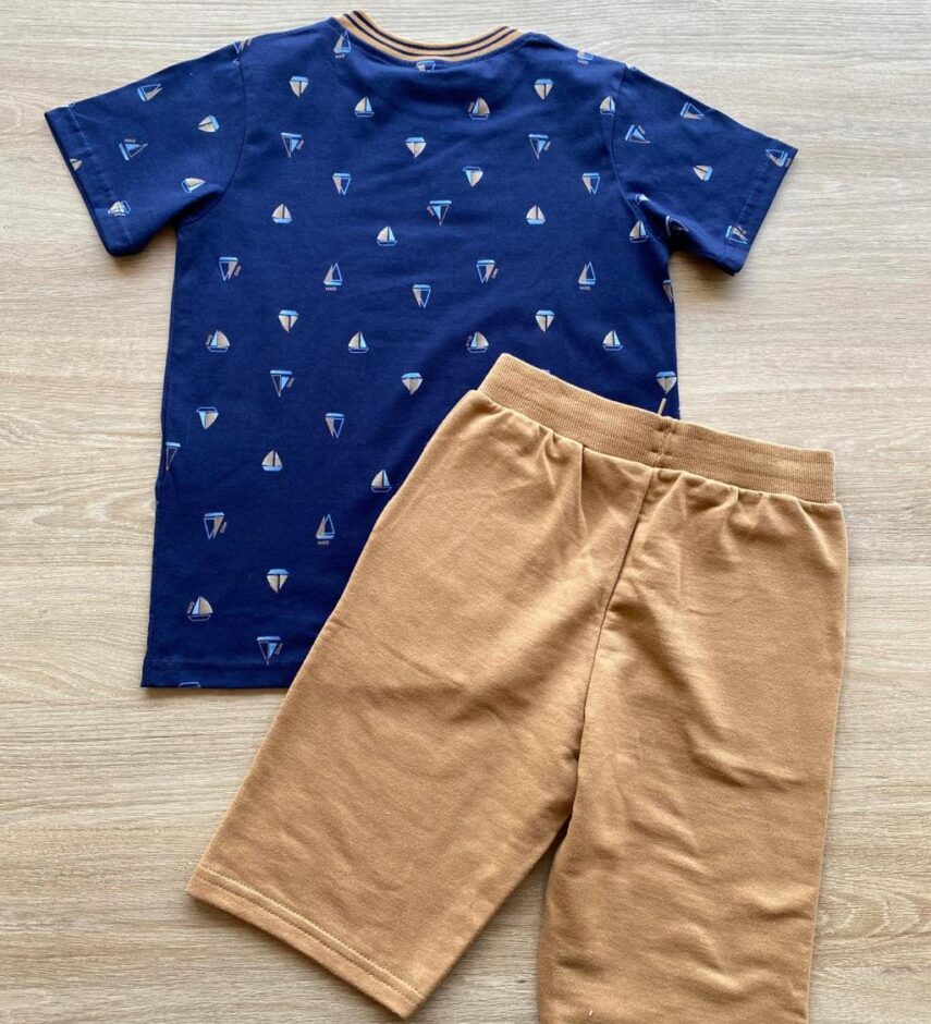 fernandaramoskids com br Conjunto Infantil Masculino Camiseta Estampada Azul e Bermuda Caramelo 3