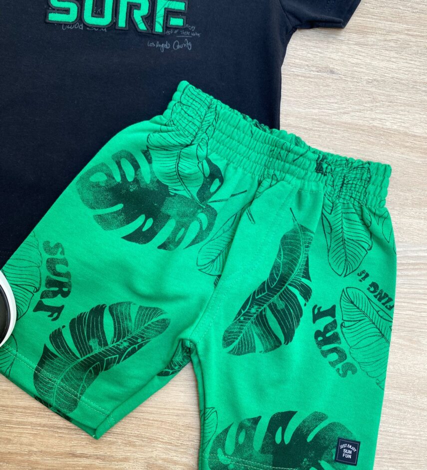 fernandaramoskids com br Conjunto Infantil Masculino Camiseta Long Beach Surf e Bermuda Verde 1