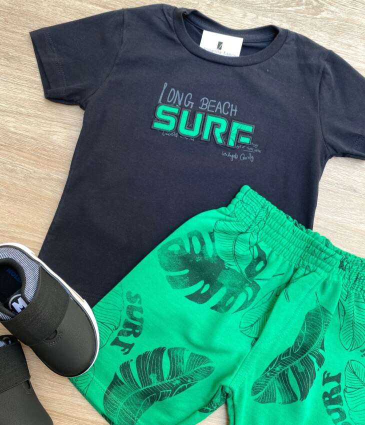 fernandaramoskids com br Conjunto Infantil Masculino Camiseta Long Beach Surf e Bermuda Verde 2
