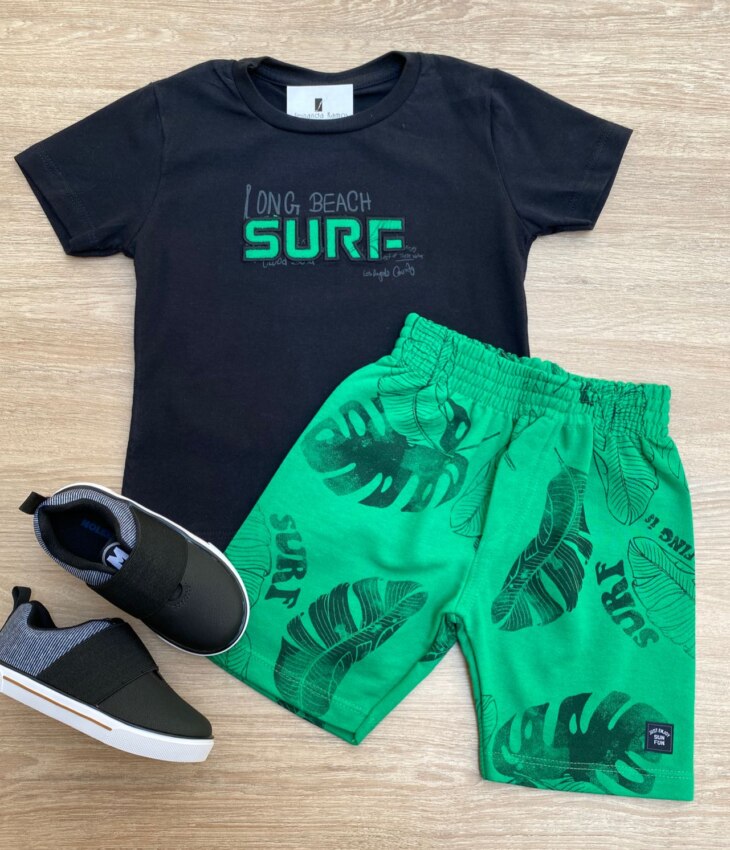Conjunto Infantil Masculino Camiseta Long Beach Surf e Bermuda Verde Fernanda Ramos Kids