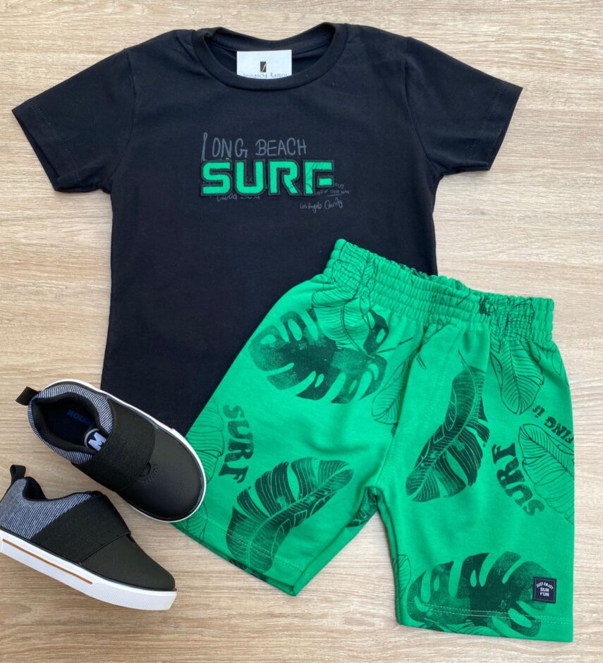 Conjunto Infantil Masculino Camiseta Long Beach Surf e Bermuda Verde Fernanda Ramos Kids