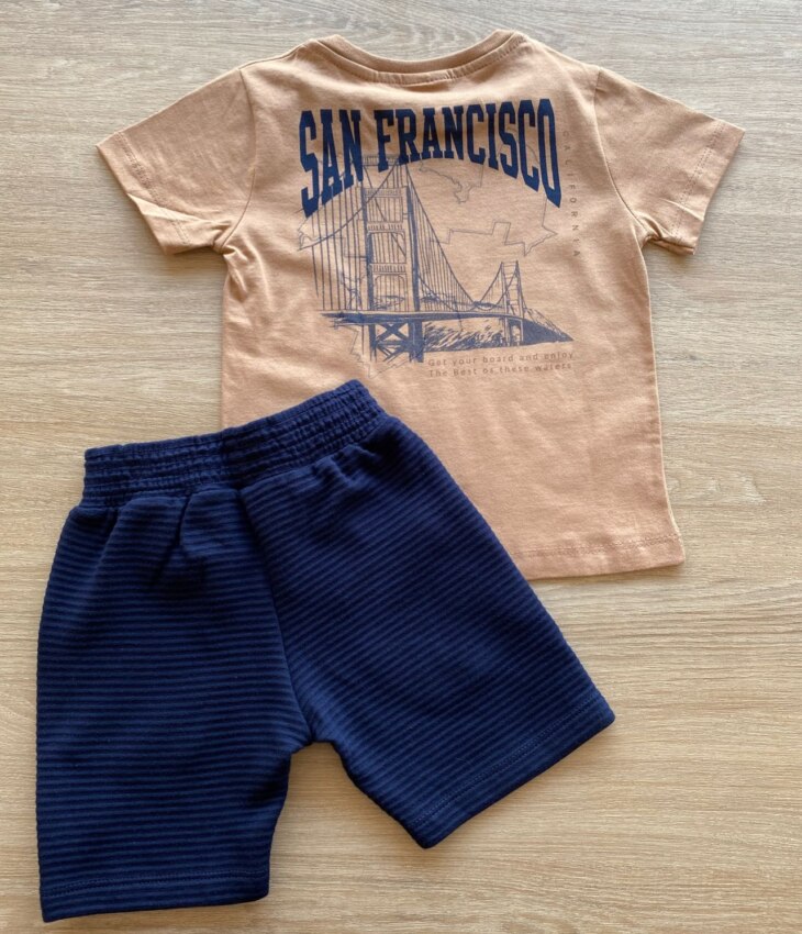 fernandaramoskids com br Conjunto Infantil Masculino Camiseta Marrom Avelã e Bermuda Azul 3