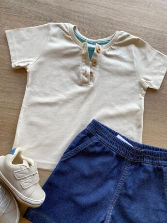 fernandaramoskids com br Conjunto Infantil Masculino Camiseta Nude e Bermuda Jeans 1