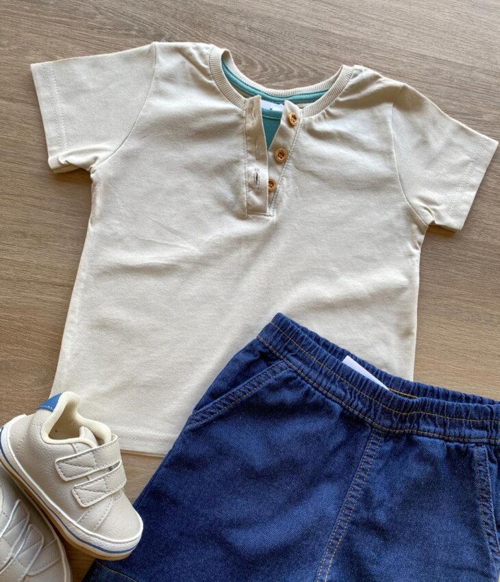 fernandaramoskids com br Conjunto Infantil Masculino Camiseta Nude e Bermuda Jeans 1