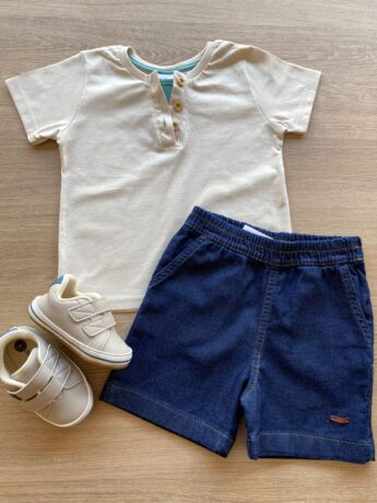 Conjunto Infantil Masculino Camiseta Nude e Bermuda Jeans Fernanda Ramos Kids