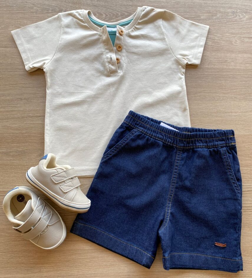 Conjunto Infantil Masculino Camiseta Nude e Bermuda Jeans Fernanda Ramos Kids