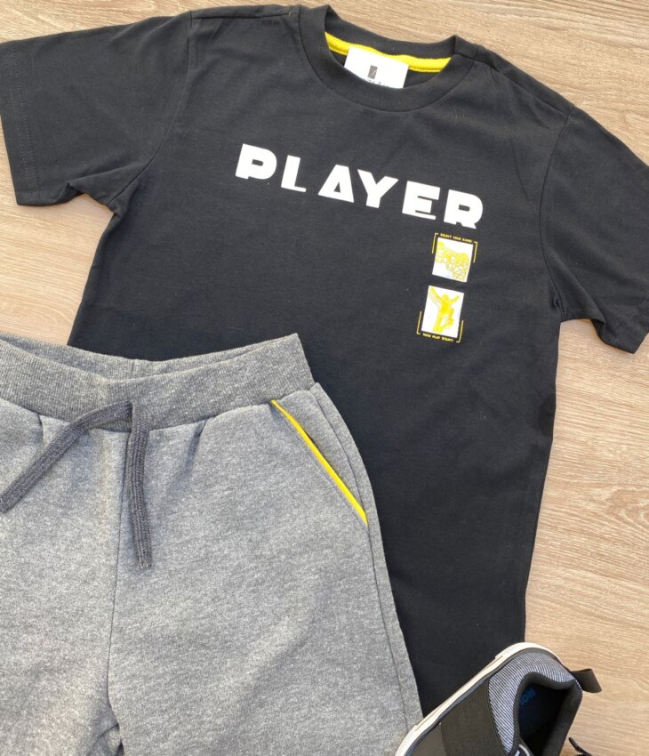fernandaramoskids com br Conjunto Infantil Masculino Camiseta Player Preta e Bermuda Cinza 2