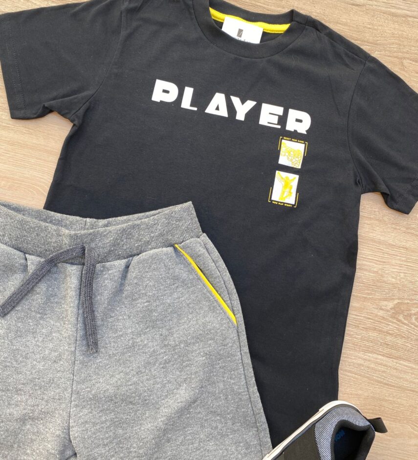 fernandaramoskids com br Conjunto Infantil Masculino Camiseta Player Preta e Bermuda Cinza 2
