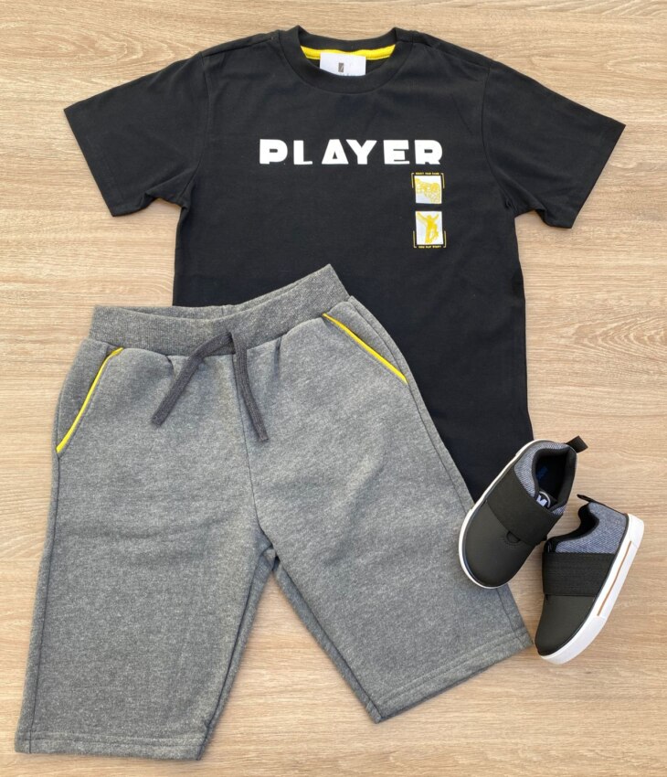 Conjunto Infantil Masculino Camiseta Player Preta e Bermuda Cinza Fernanda Ramos Kids