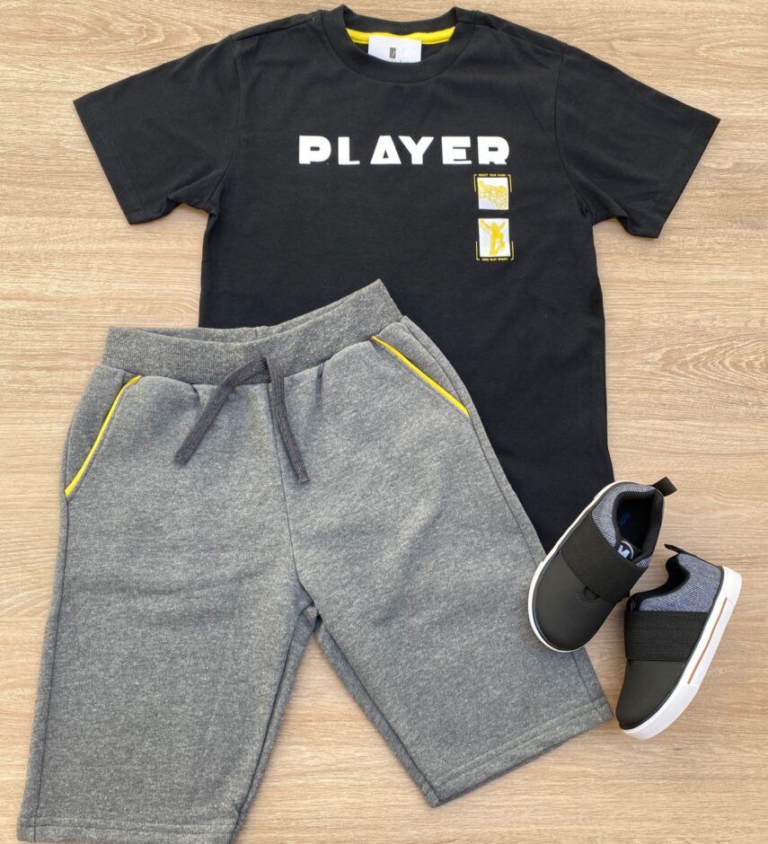 Conjunto Infantil Masculino Camiseta Player Preta e Bermuda Cinza Fernanda Ramos Kids