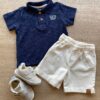 Conjunto Infantil Masculino Camiseta Polo Azul e Bermuda Sarja Off White Fernanda Ramos Kids