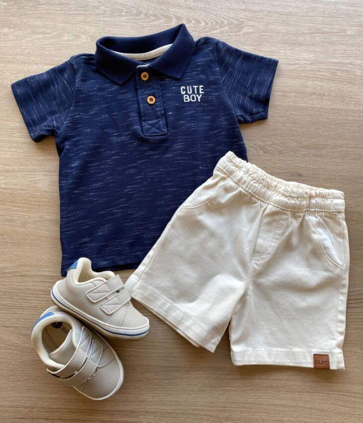 Conjunto Infantil Masculino Camiseta Polo Azul e Bermuda Sarja Off White Fernanda Ramos Kids