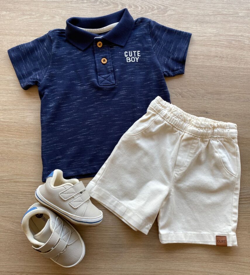 Conjunto Infantil Masculino Camiseta Polo Azul e Bermuda Sarja Off White Fernanda Ramos Kids