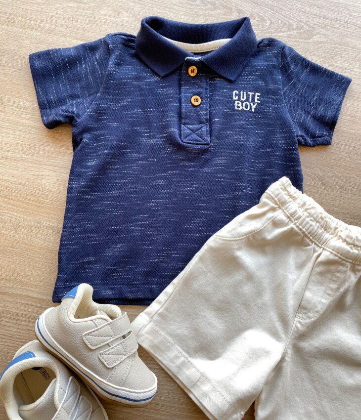 fernandaramoskids com br Conjunto Infantil Masculino Camiseta Polo Azul e Bermuda Sarja Off White 1